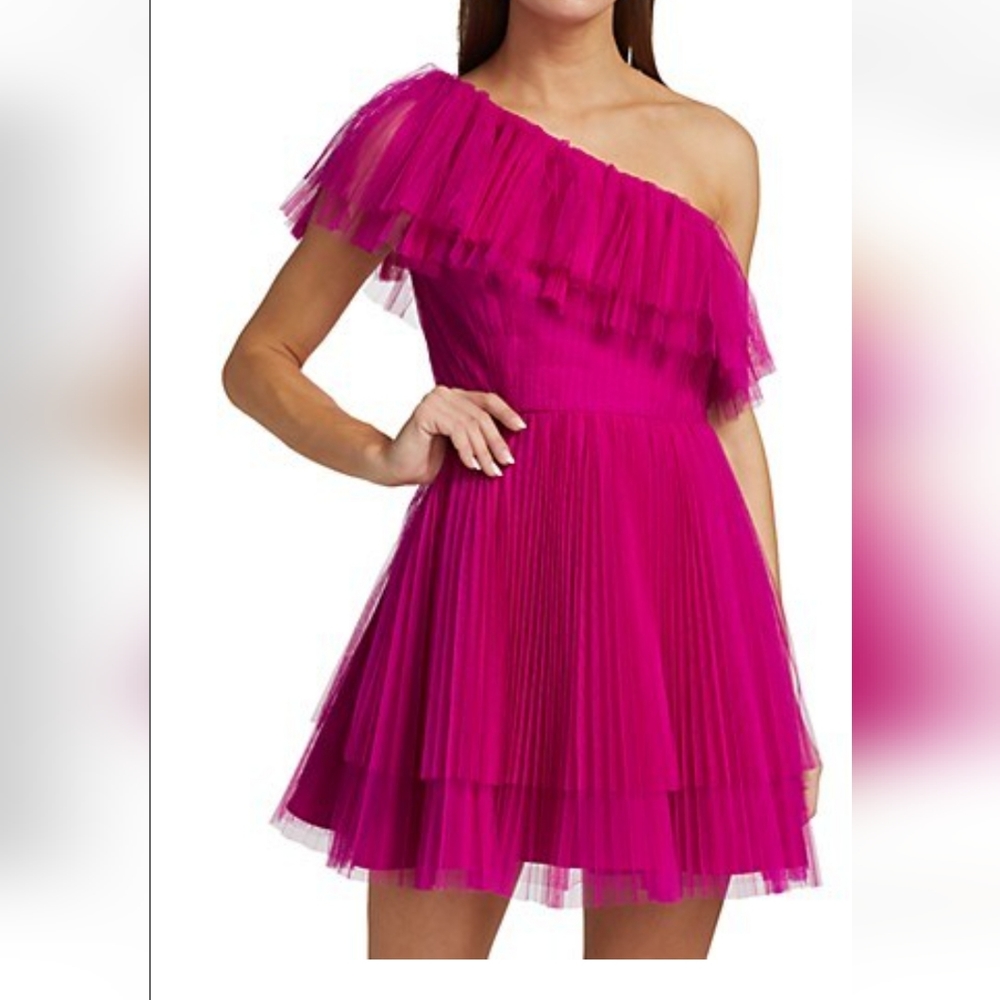 ML Monique Lhuillier One-Shoulder Tulle Cocktail Dress